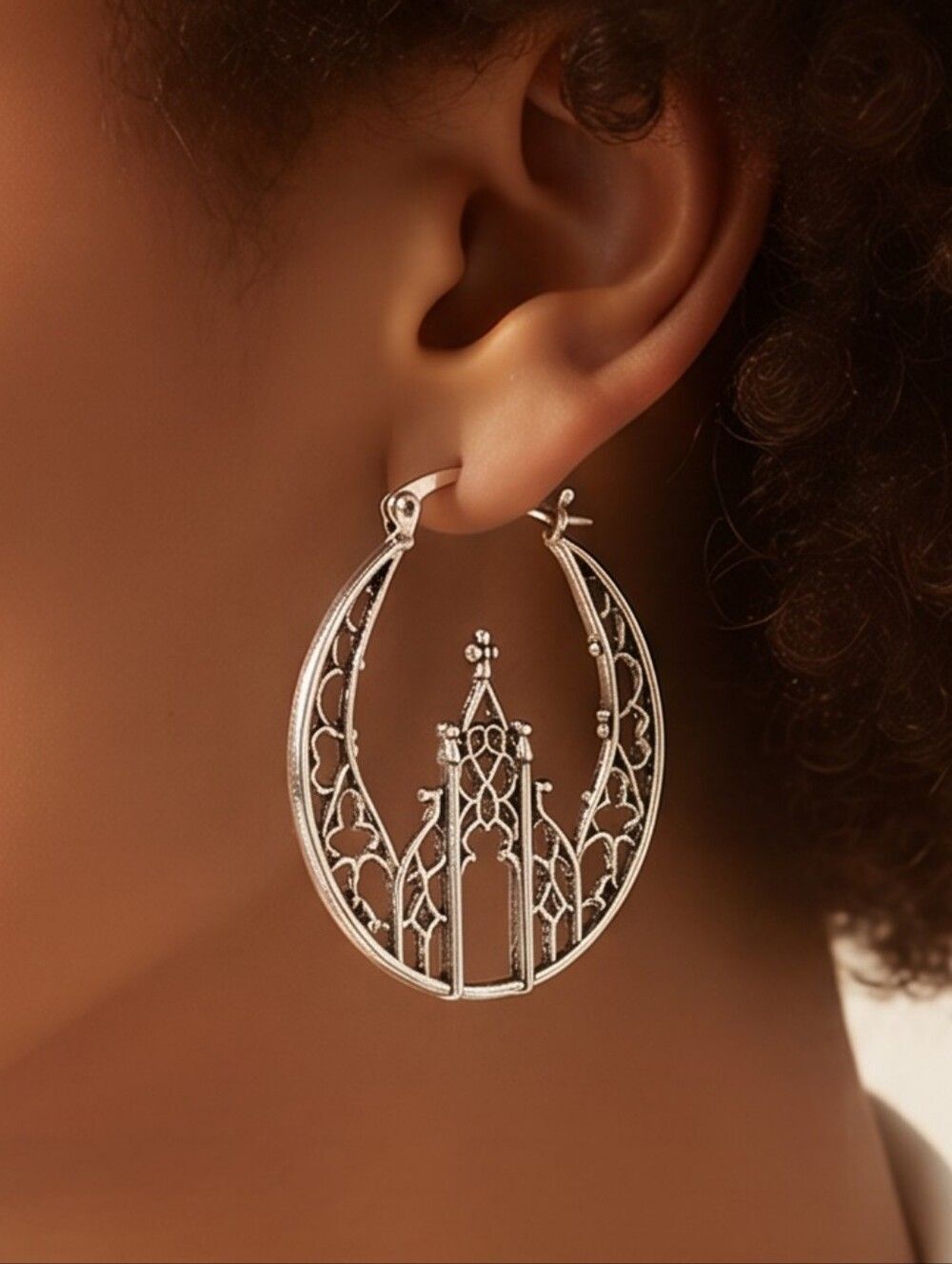 Bohemian Gothic Castle Hoop Earrings Medieval Lattice Silver Cathedral Jewelry